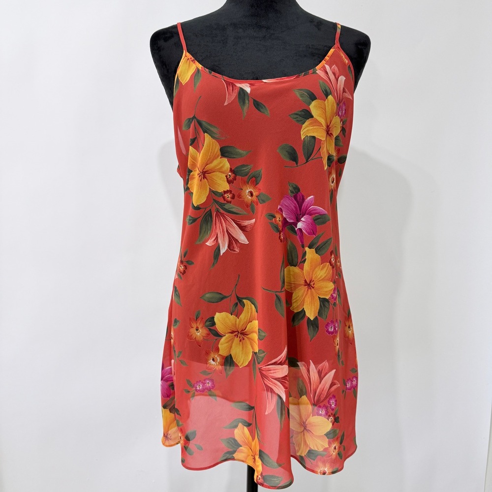 Victoria's Secret Sheer Tropical Floral Slip Dress Chemise‎ Medium Red-Orange